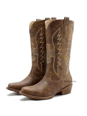 Mid-Calf Western Cowboy Boots with Side Zipper